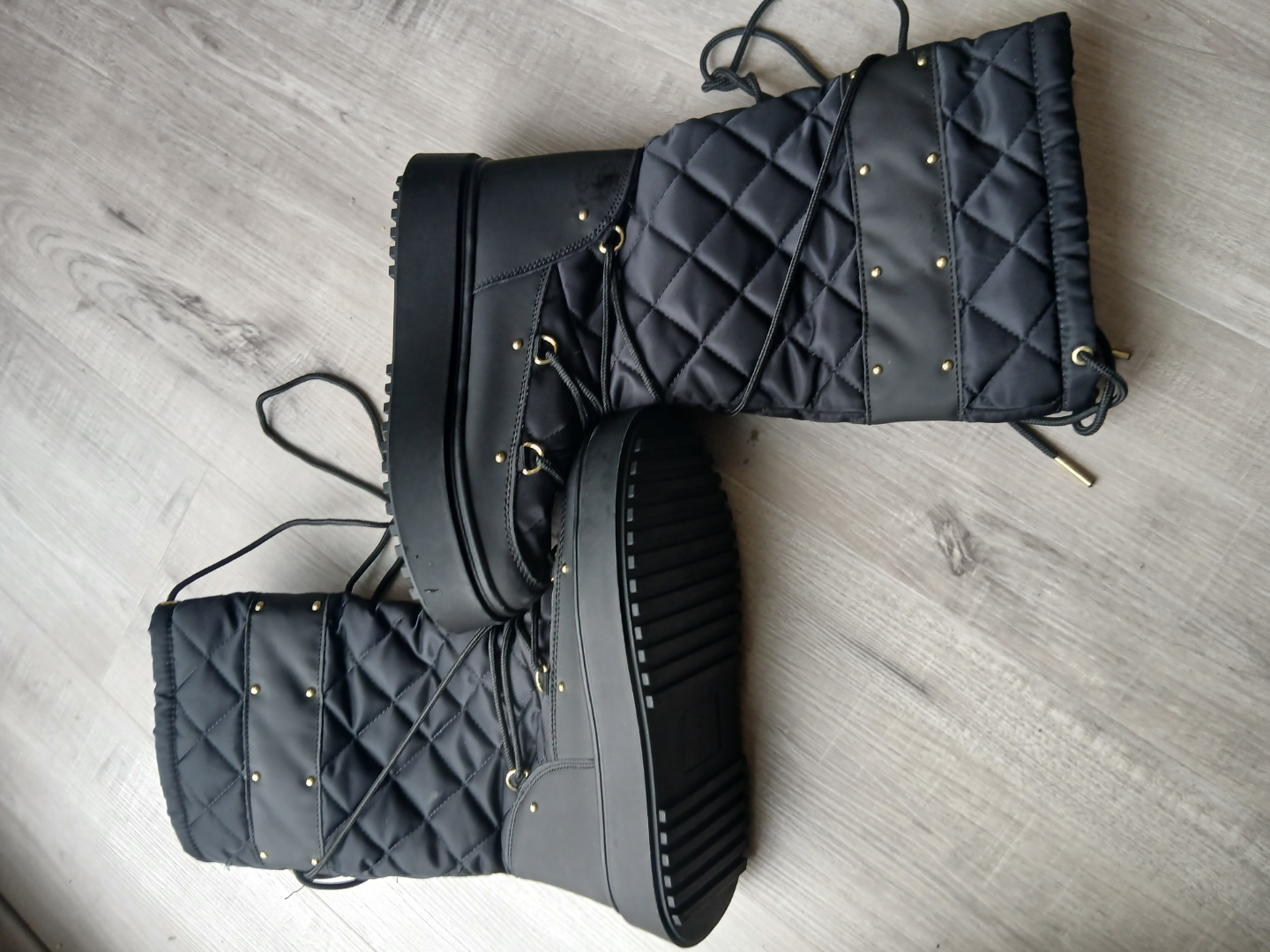 Black Quilted Snow Boots with Gold Accents - photo 3