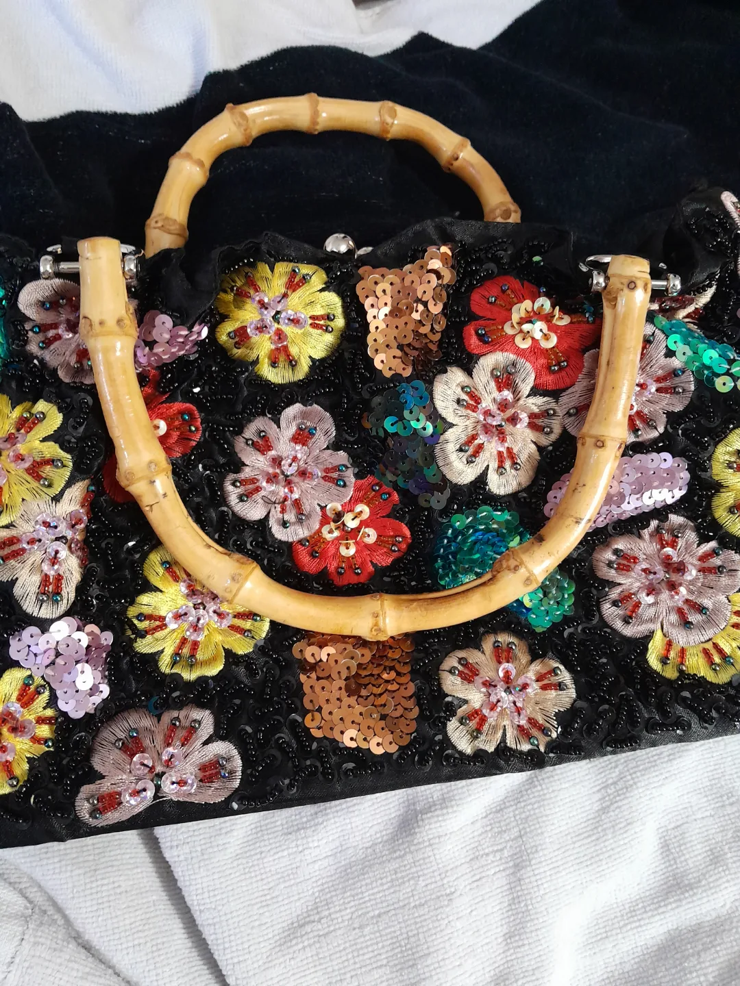 Embroidered Sequined Handbag with Bamboo Handle image indicator(2)