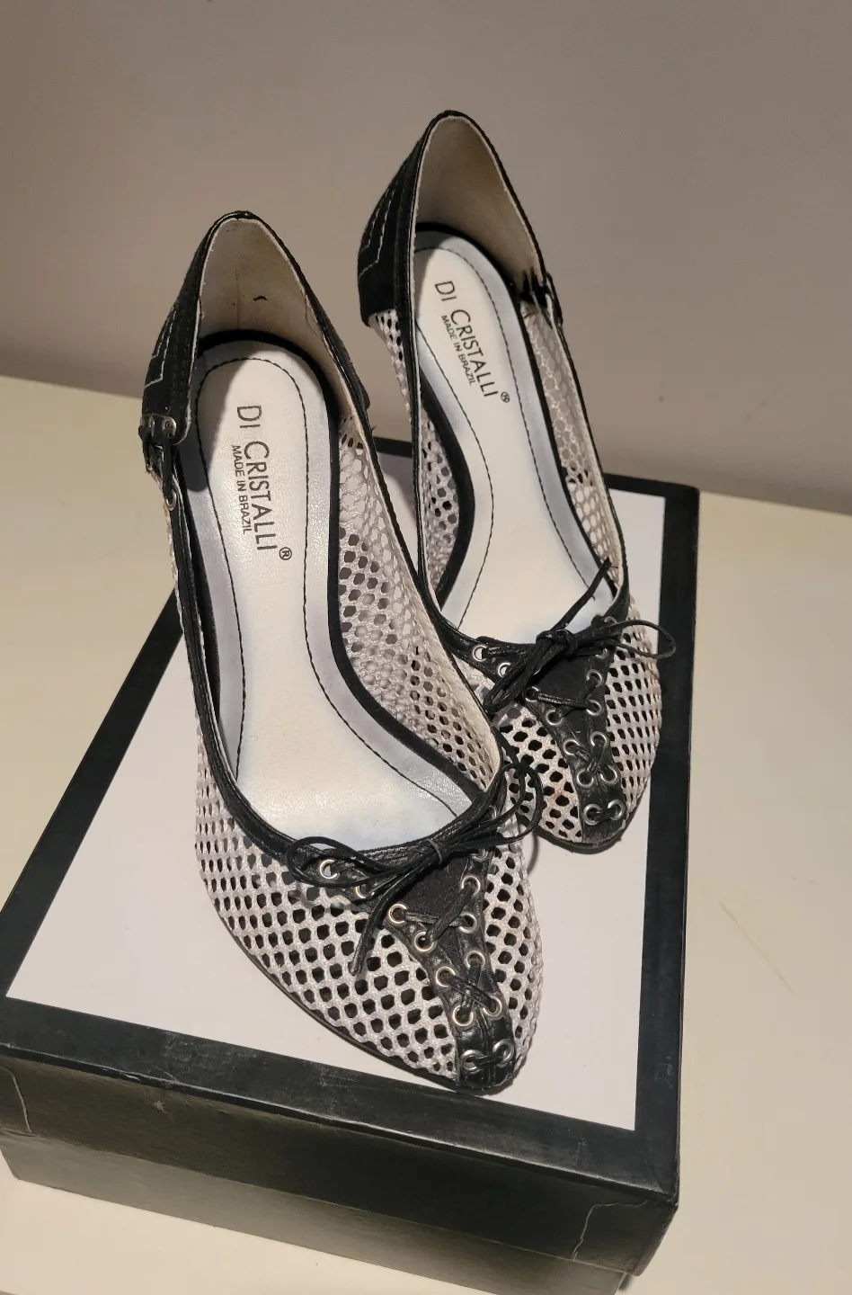 DI CRYSTALL Brazilian Black & White Mesh Stilettos, Size 37 thumbnail