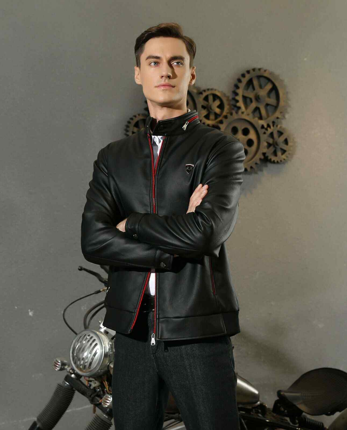Men's Black Leather Jacket with Red Accents
