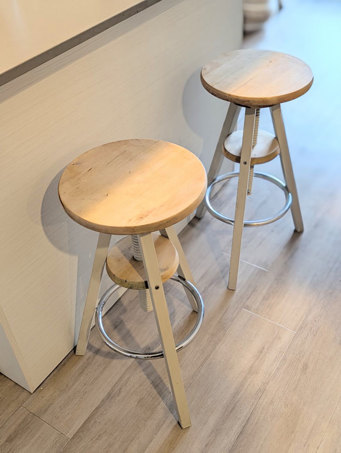 Pair of Adjustable Height Wooden Stools
