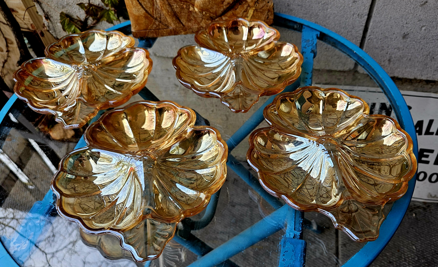 Set of Four Vintage Amber Carnival Glass Nut  Dishes