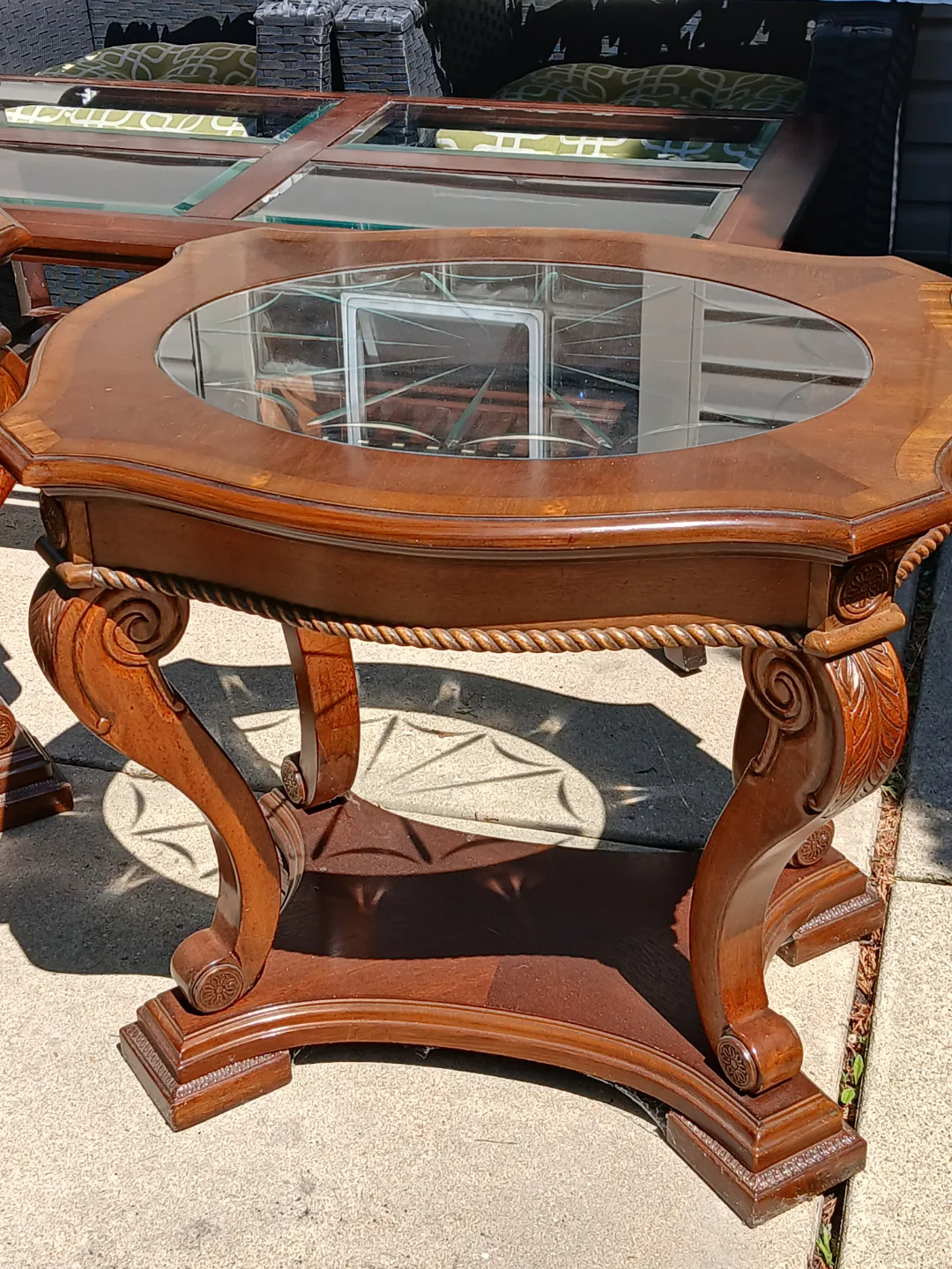 Pair of Wood End Tables with Glass Tops thumbnail