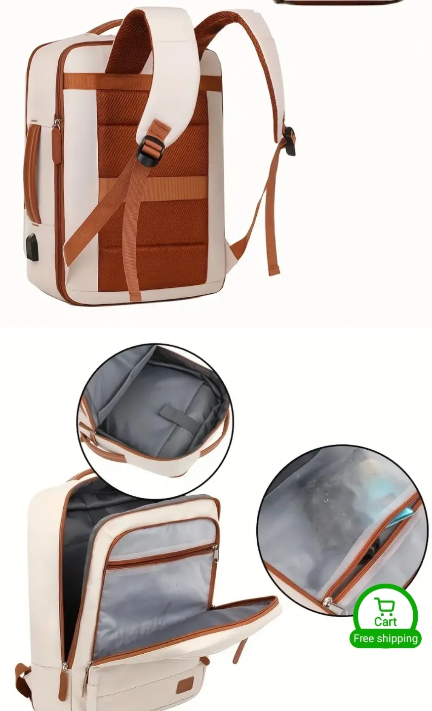 Beige Travel Backpack with USB Charging Port thumbnail