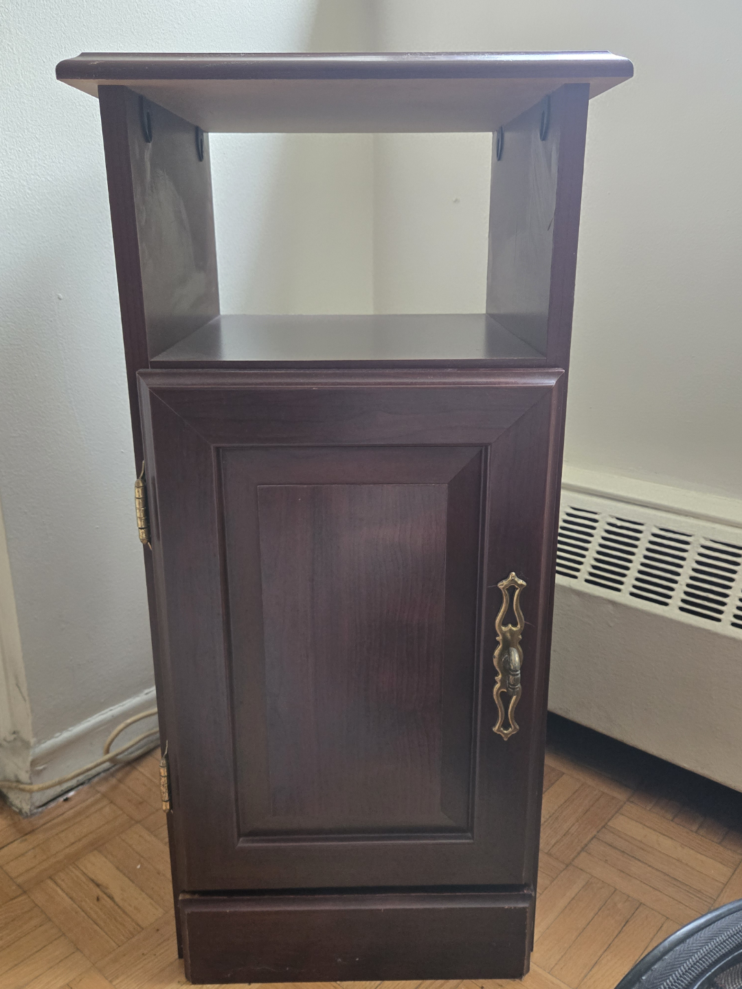 Wooden bedside table with door and open top shelf