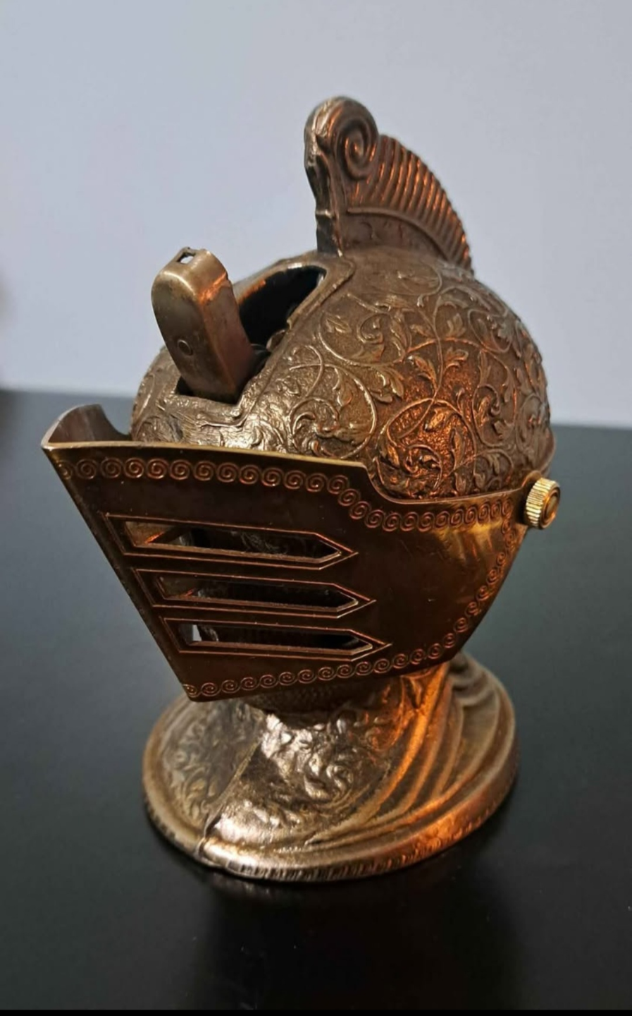 Vintage Medieval Knight Helmet Tabletop Lighter Brass Metal - photo 3