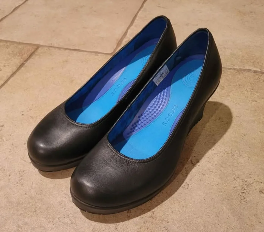 Crocs Women's Black Leather Wedge Heels thumbnail