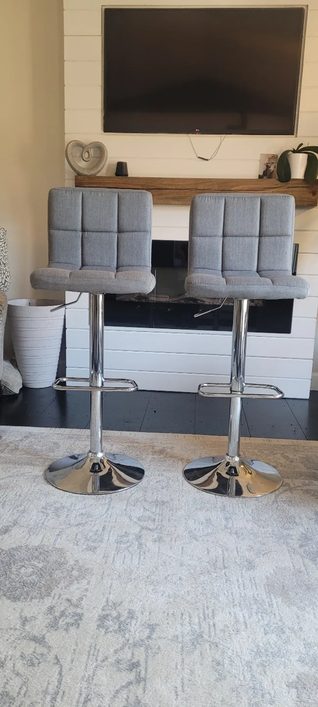 Pair of Grey Fabric Bar Stools with Chrome Base