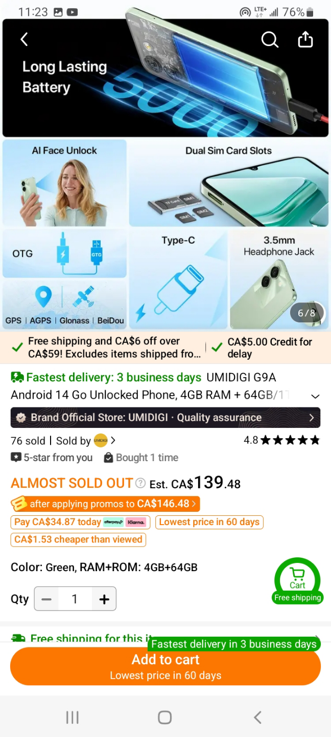 UMIDIGI G9A Android 14 Go Unlocked Phone - Green, 4GB+64GB - photo 2