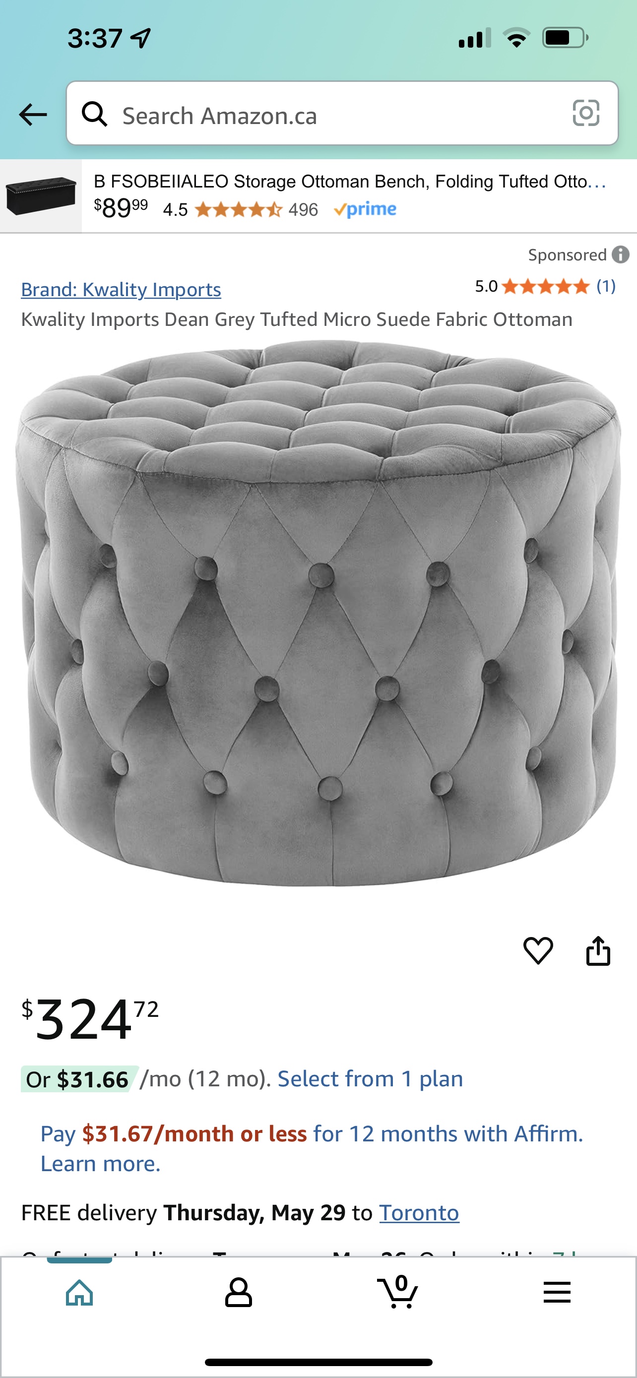 Grey Tufted Ottoman with Crystal Accents