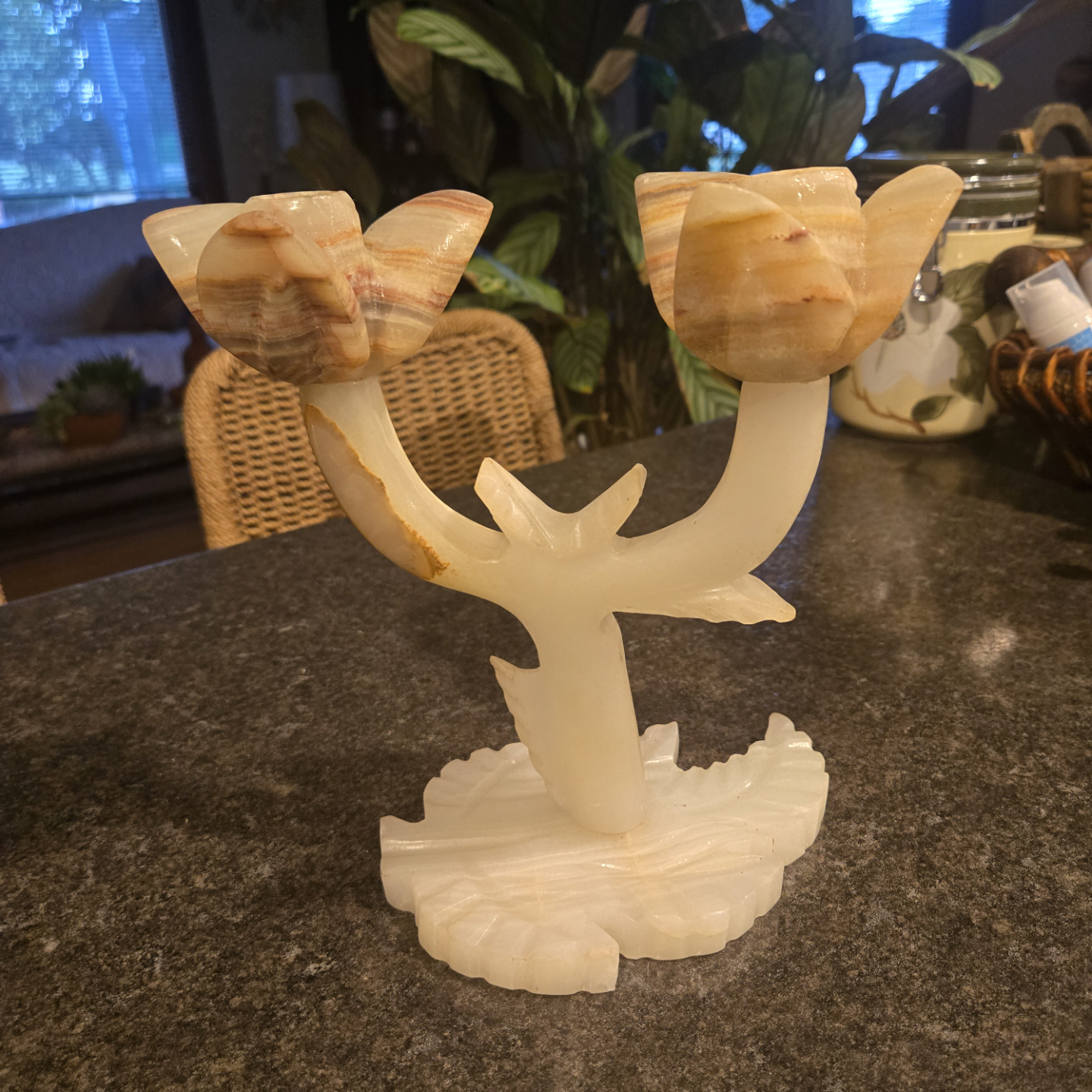 Vintage Carved Natural Onyx Tulip Candleholder 9.5"