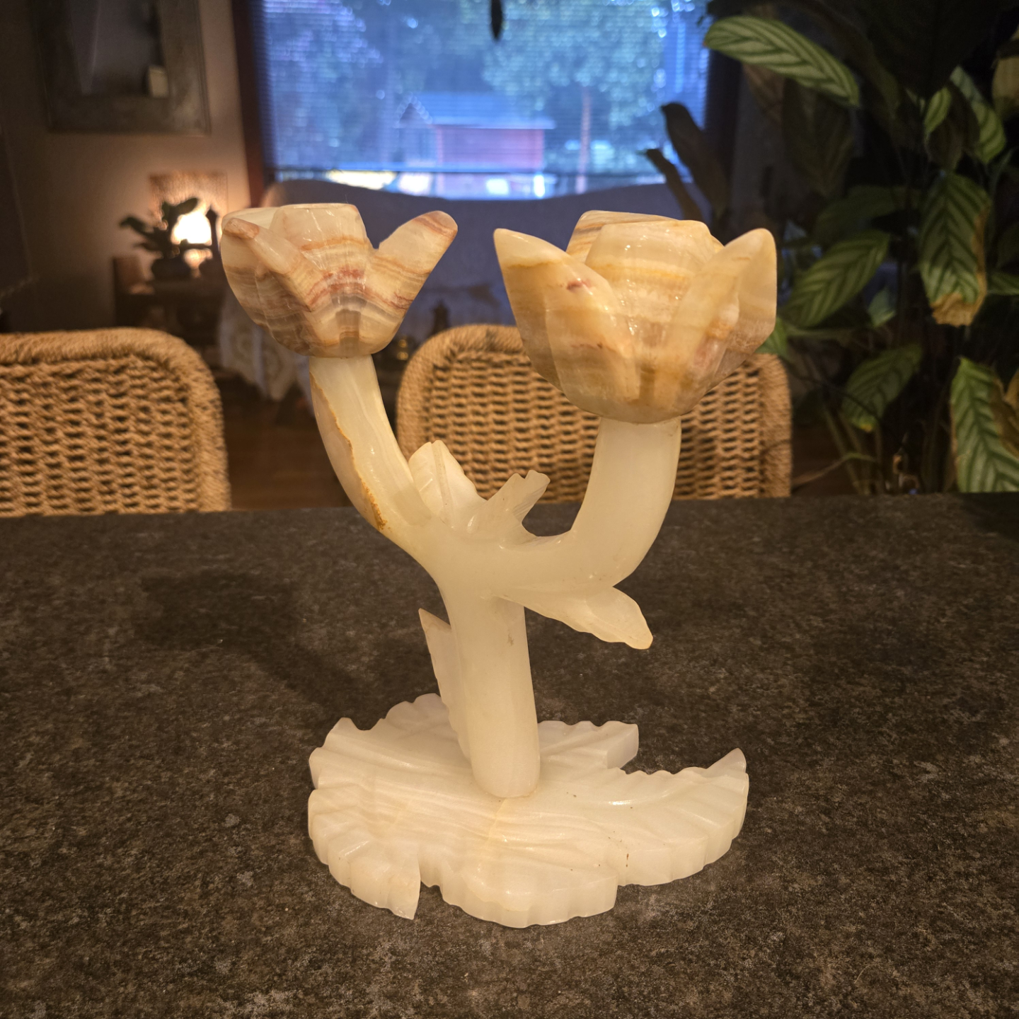 Vintage Carved Natural Onyx Tulip Candleholder 9.5" - photo 2