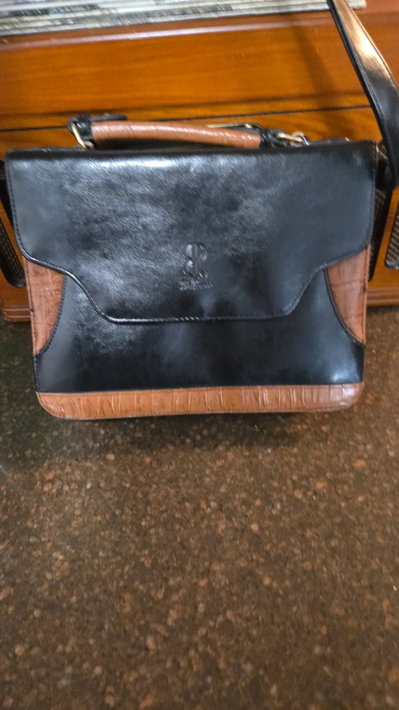 Black and Brown Leather Handbag Purse with Multiple Pockets