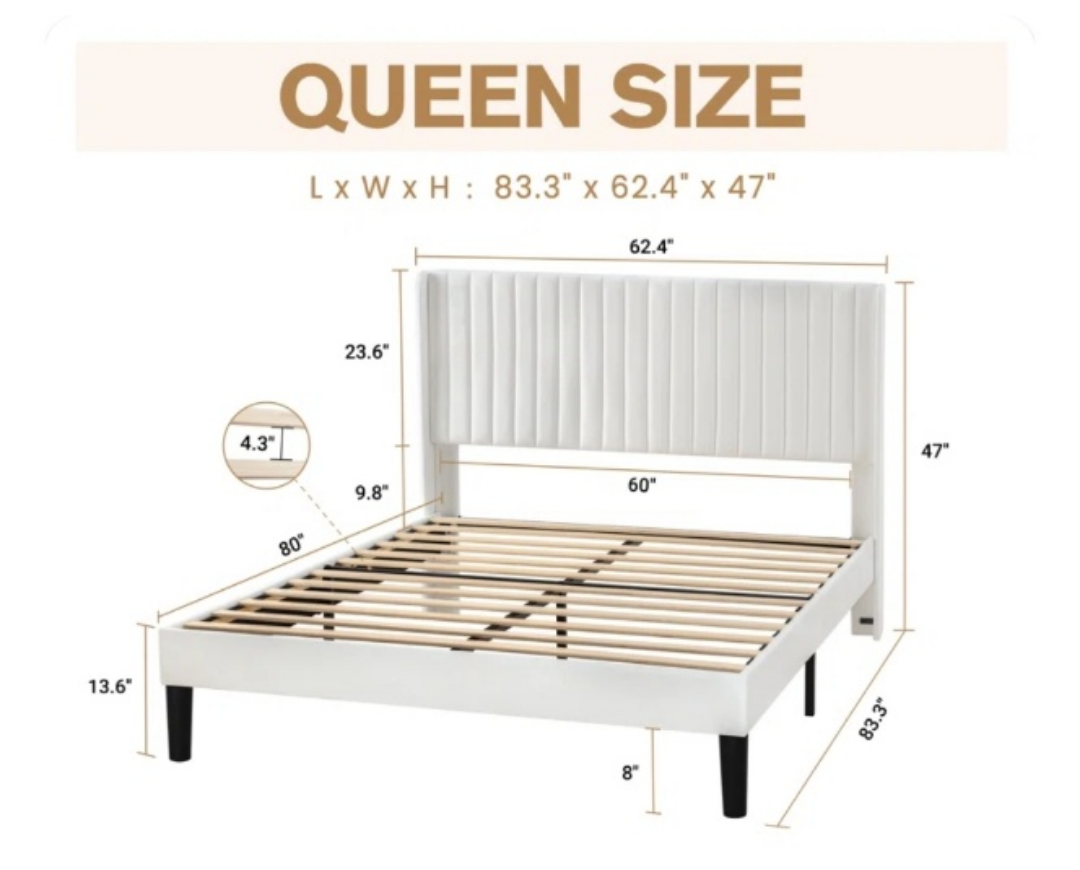 Queen Size Upholstered Bed Frame - White Velvet - photo 2