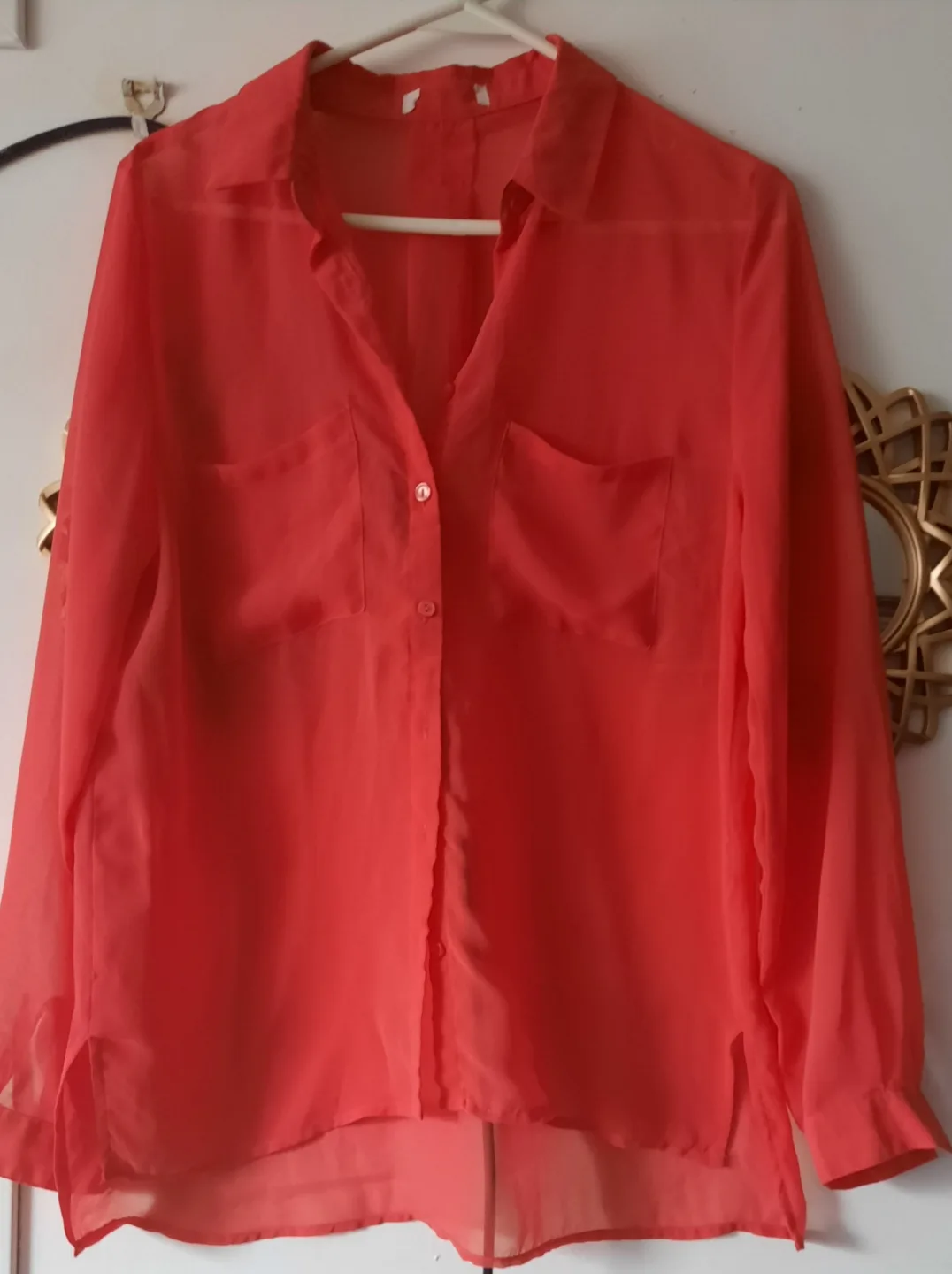 Coral Sheer Button-Down Blouse