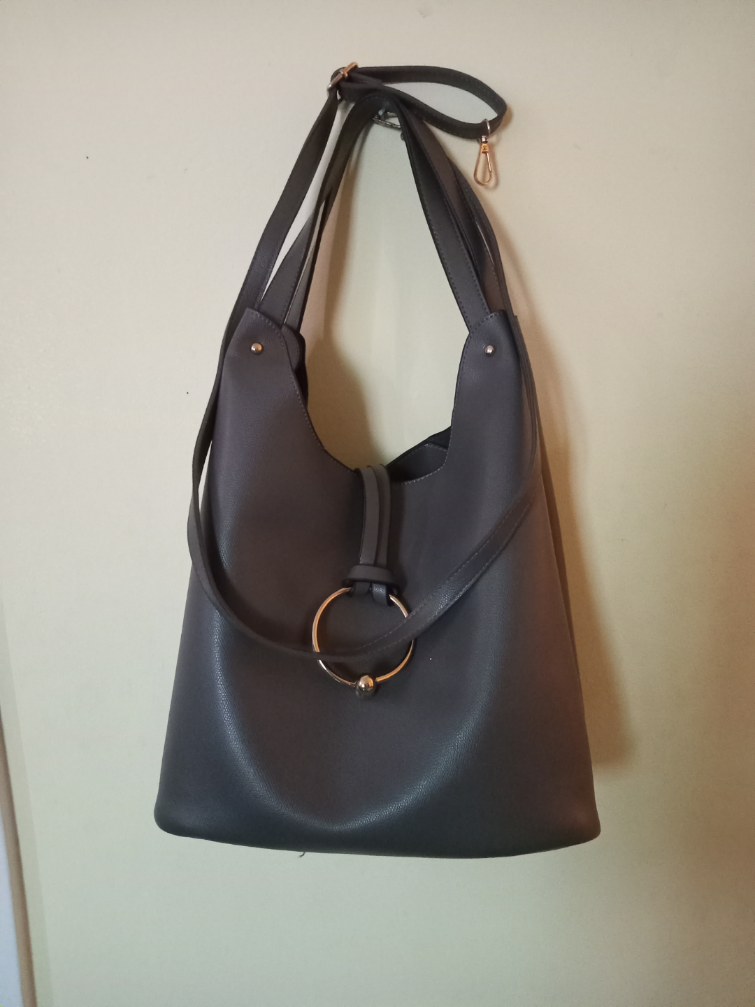 Grey Shoulder Bag with Ring Accent