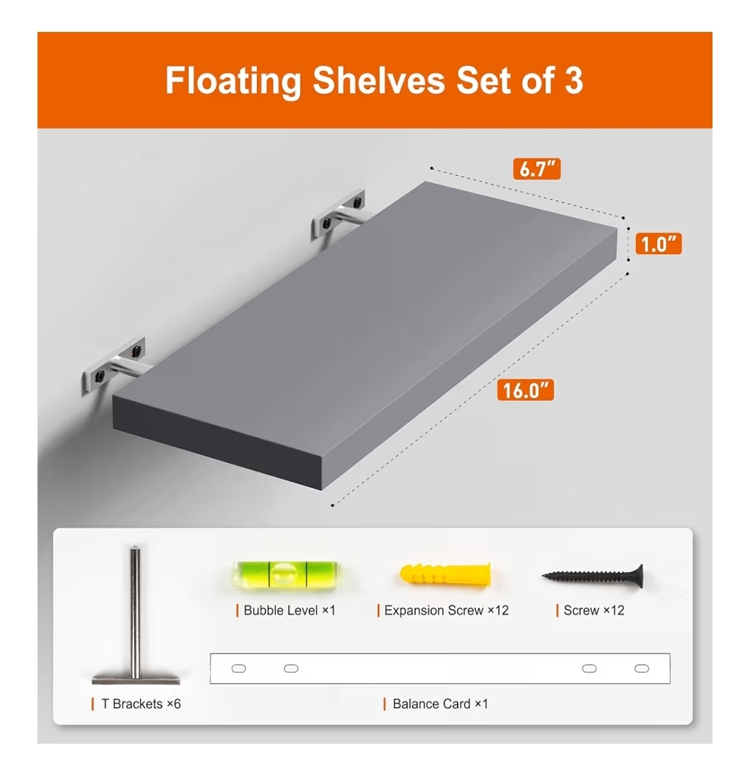 Set of 3 Gray Floating Shelves - photo 3