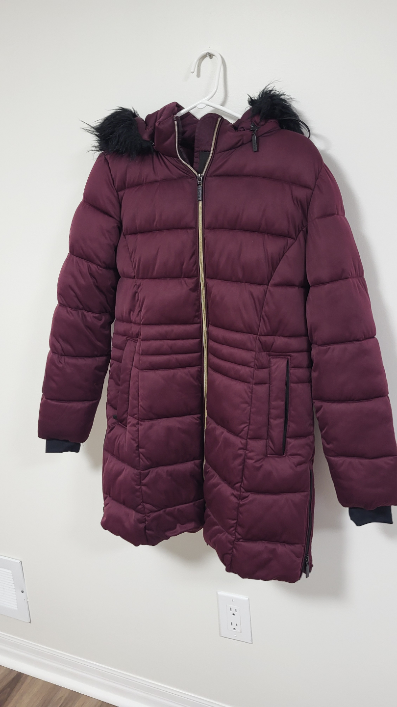 Women's Burgundy Puffer Jacket with Faux Fur Hood