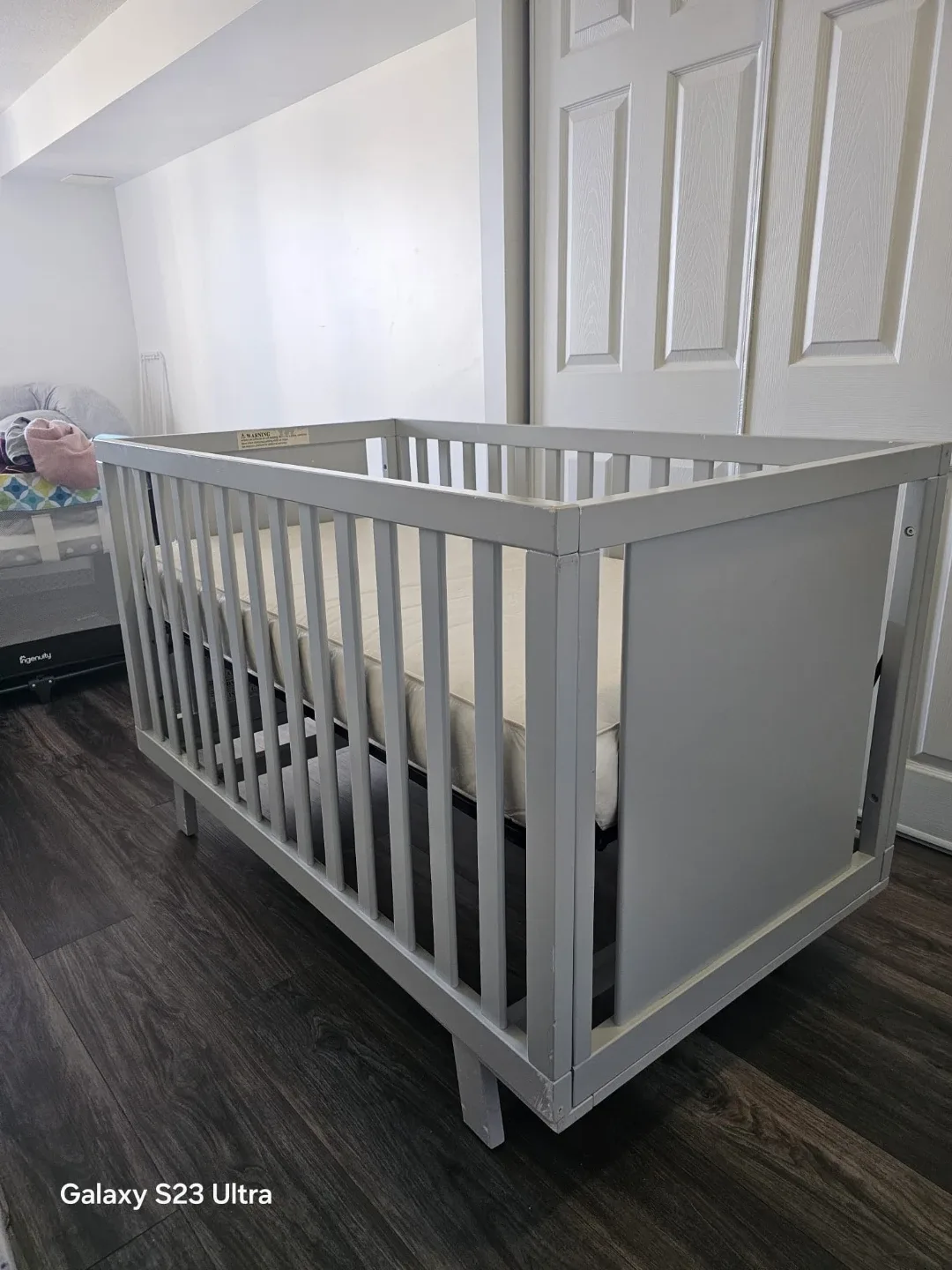 Grey Baby Crib & Mattress with Mesh Cot Rail thumbnail