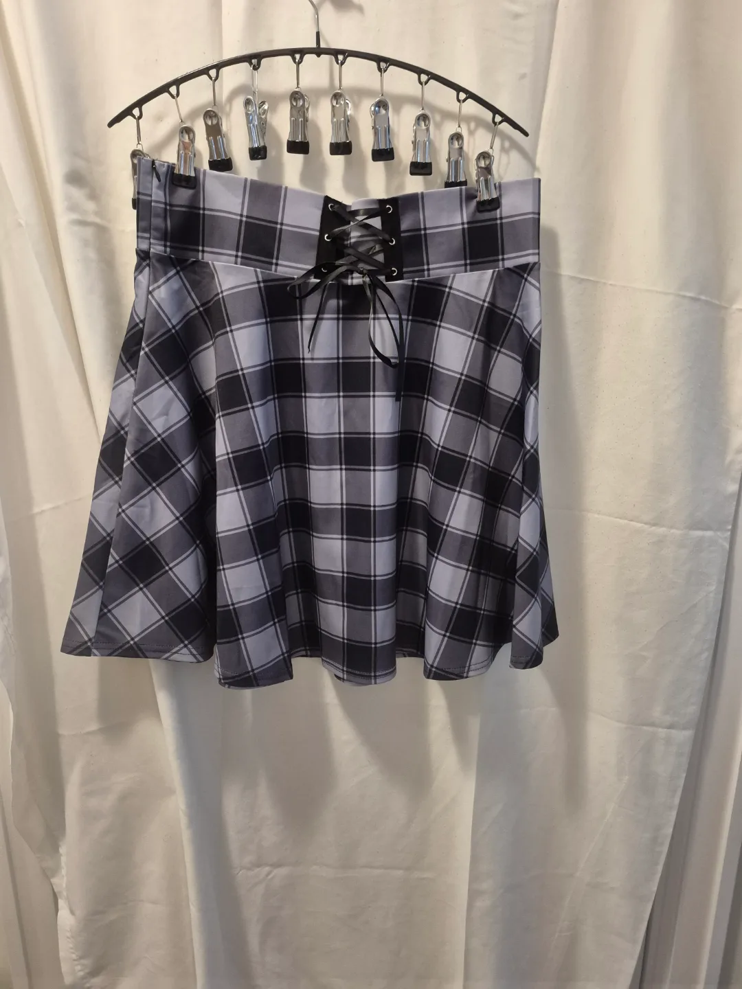 Grey and Black Plaid Skater Skirt with Lace-Up Detail thumbnail
