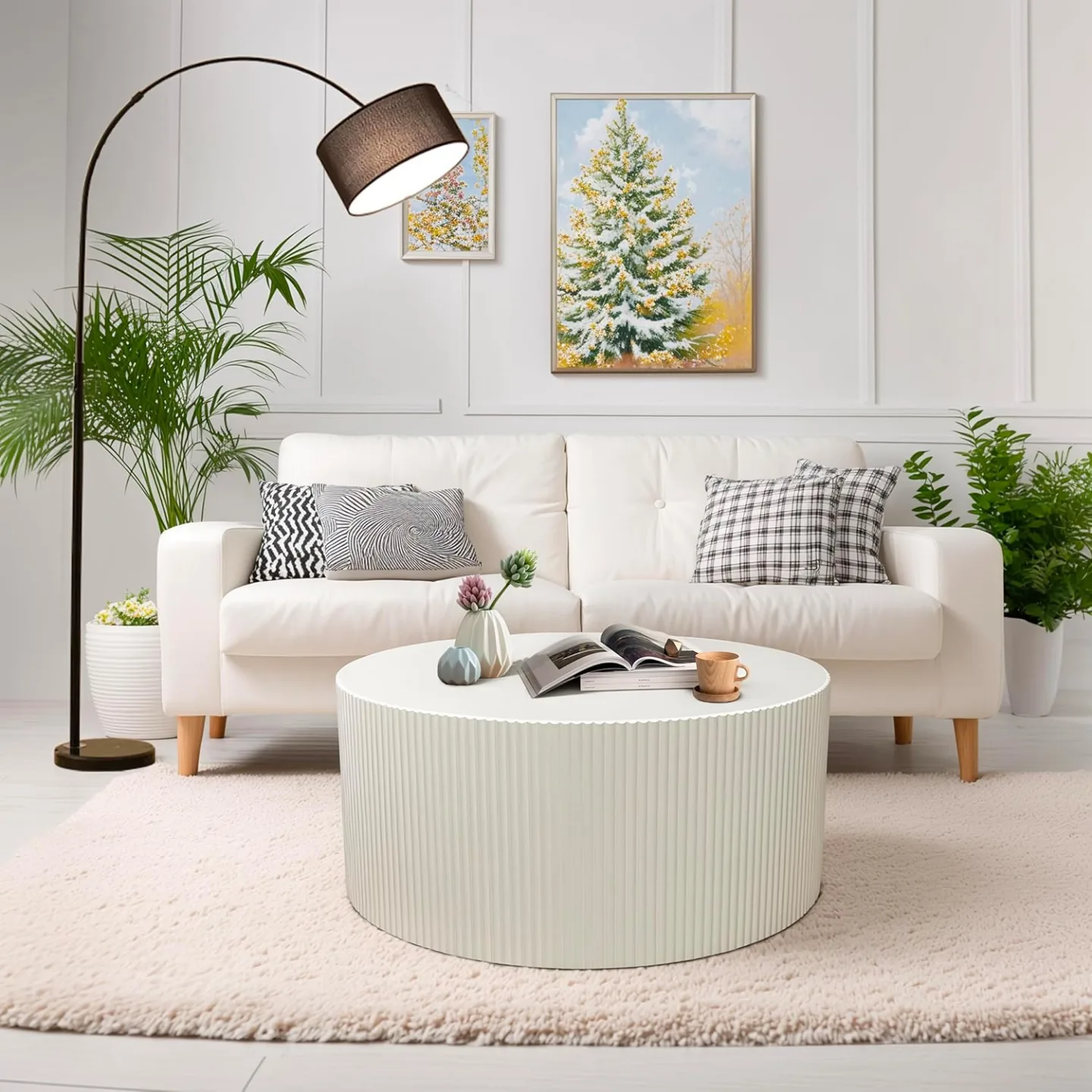 Minheola Modern Beige Round Coffee Table with Fluted Wave Design image indicator(5)