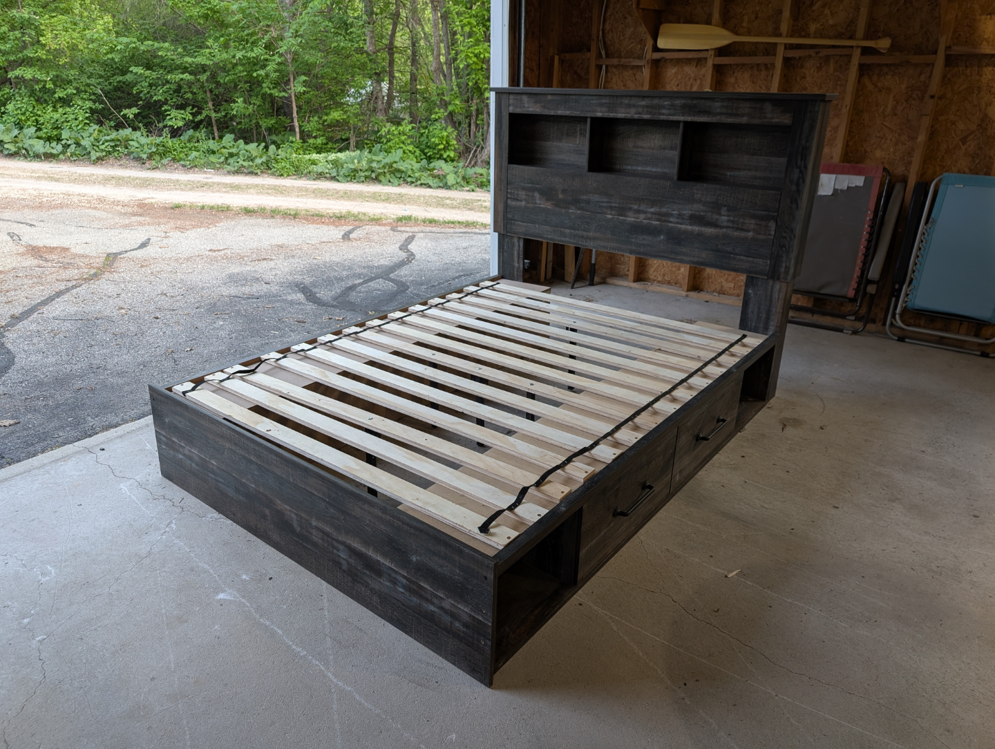 Queen-size storage bed frame with headboard