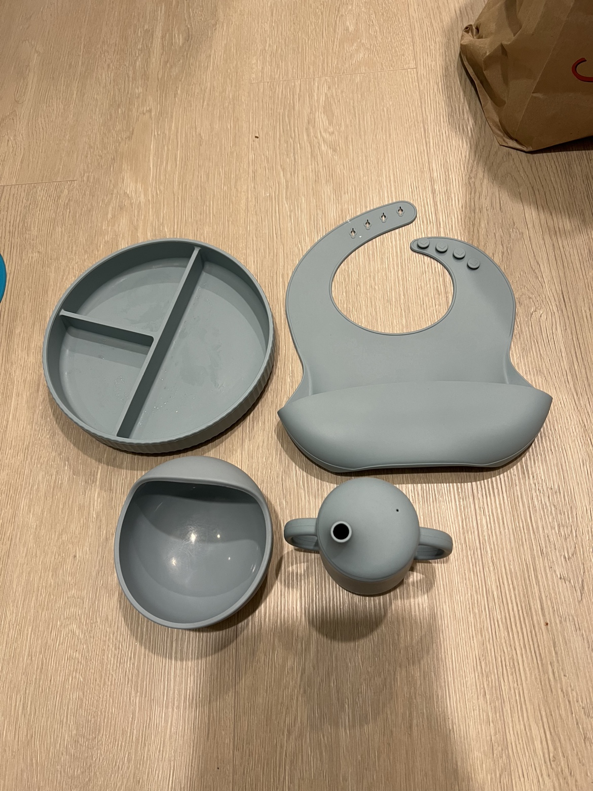 Silicone Baby Feeding Set - Plate, Bowl, Cup, Bib - Dusty Blue