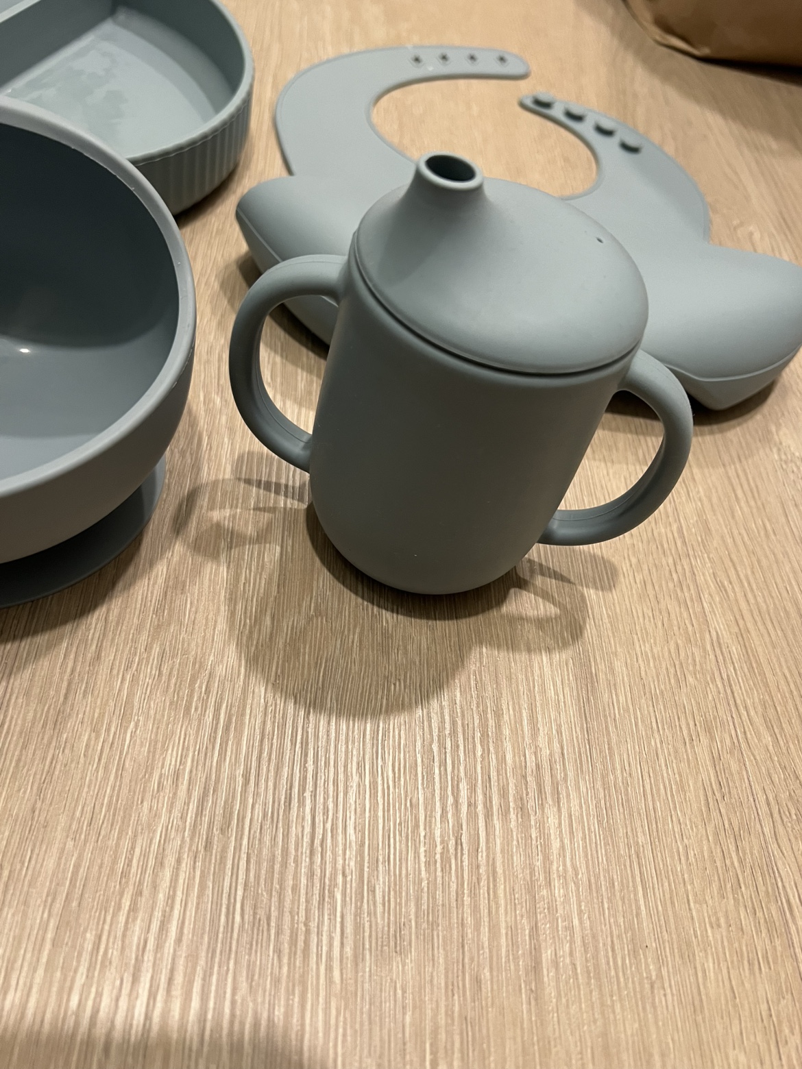 Silicone Baby Feeding Set - Plate, Bowl, Cup, Bib - Dusty Blue - photo 4