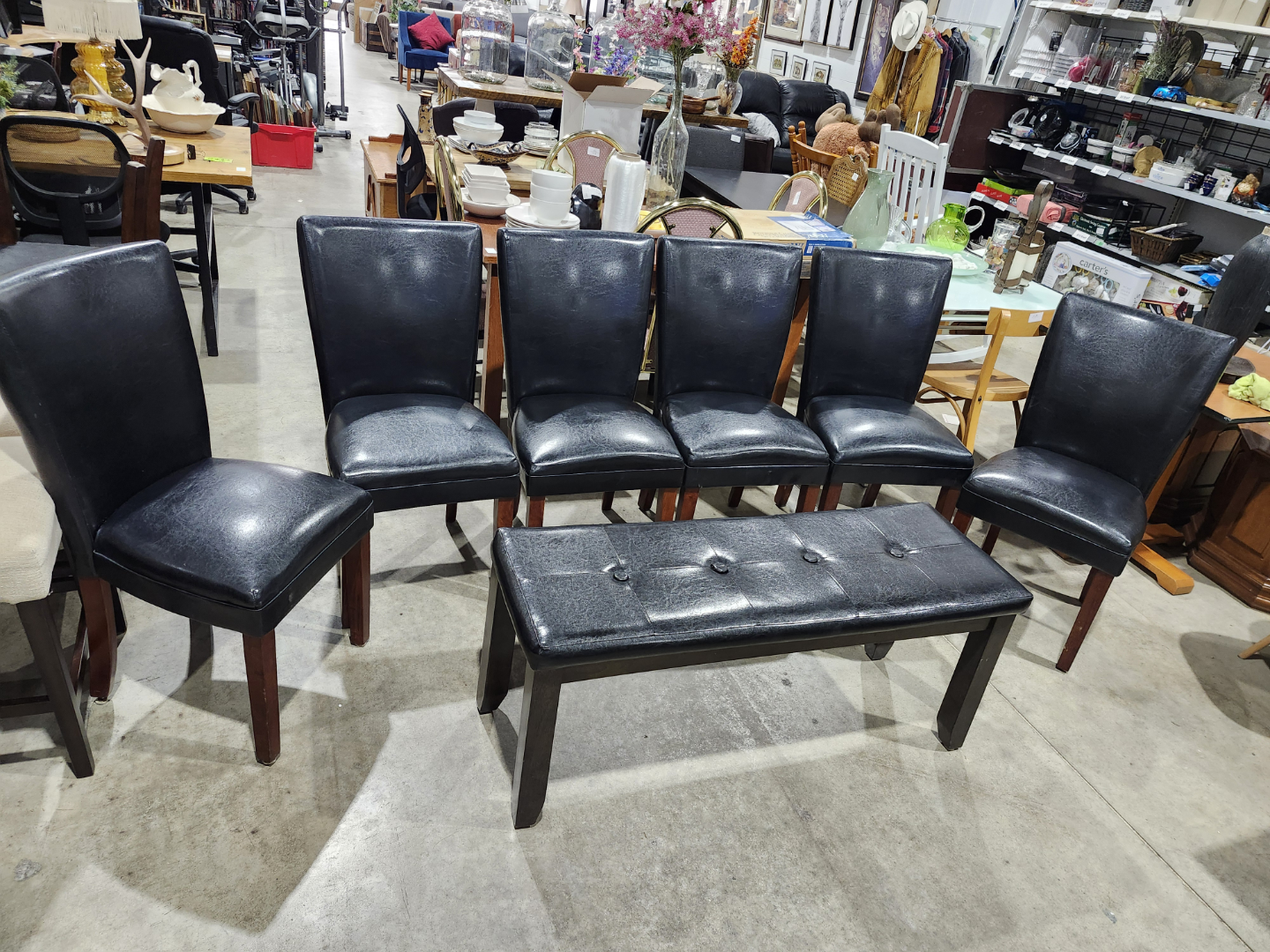 Black Leather Dining Chairs and Bench Set - Eztia Furnishings