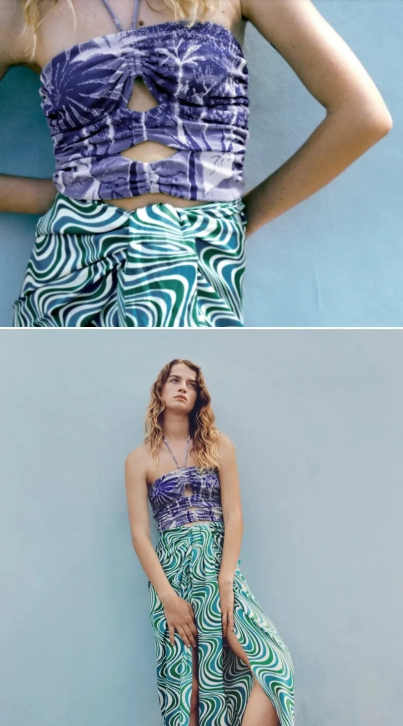 Zara Blue Floral Print Halter Neck Crop Top NWT image indicator(4)