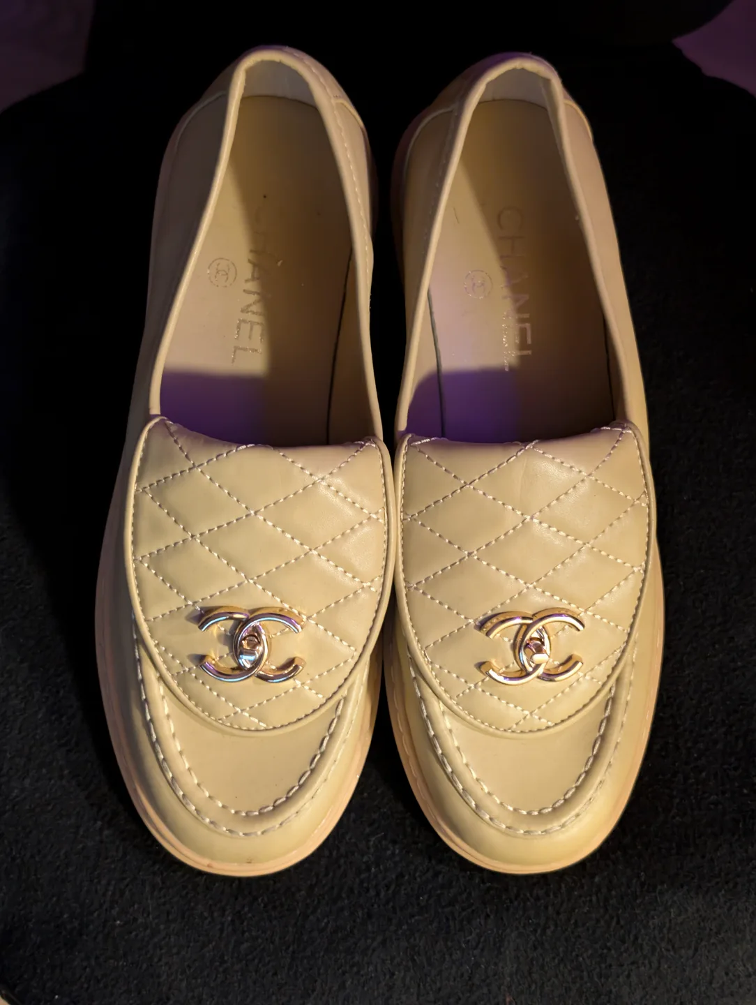 CHANEL Beige Quilted Leather Loafers