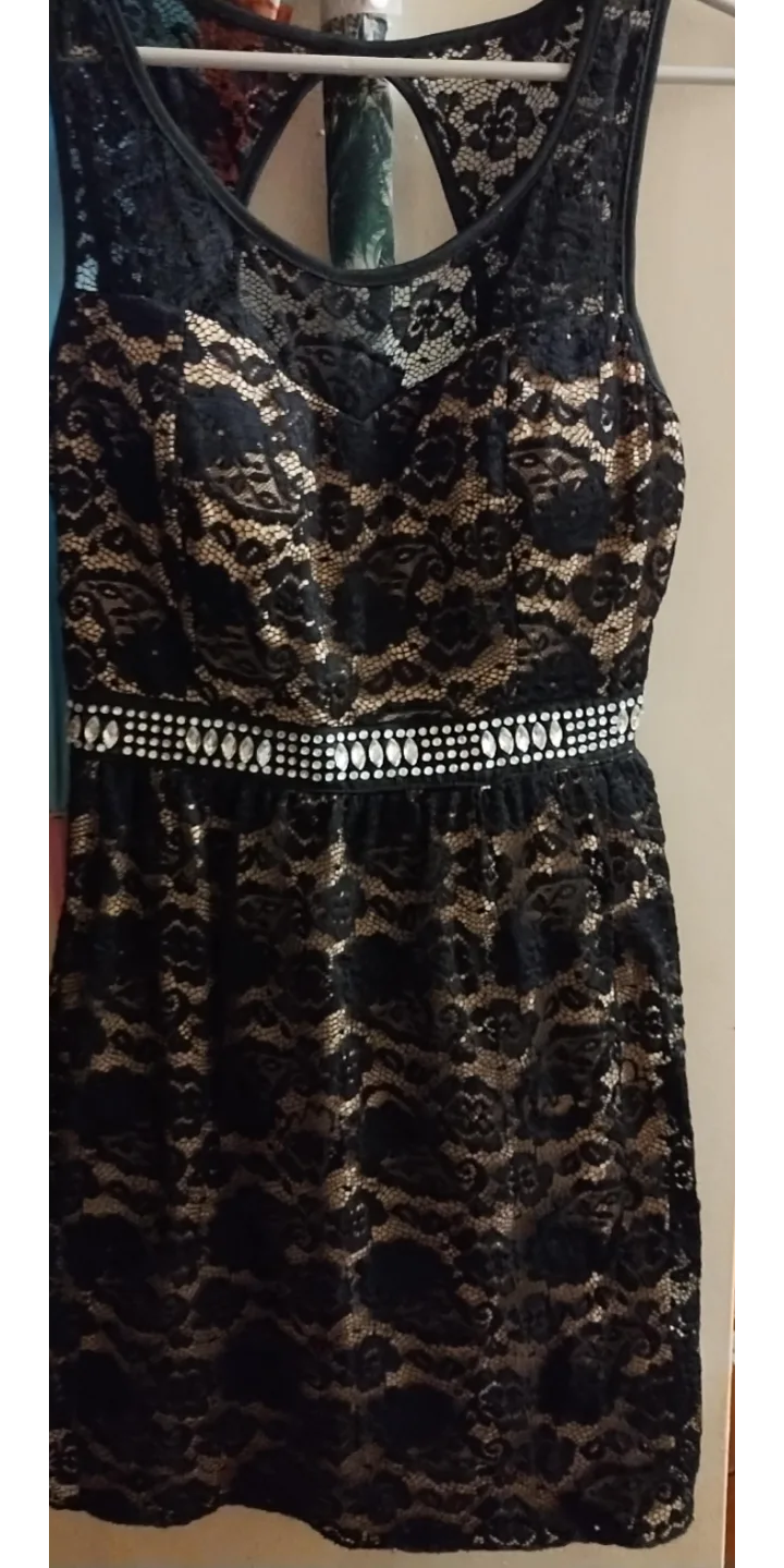 Black and Beige Lace Dress with Rhinestone Belt image indicator(3)