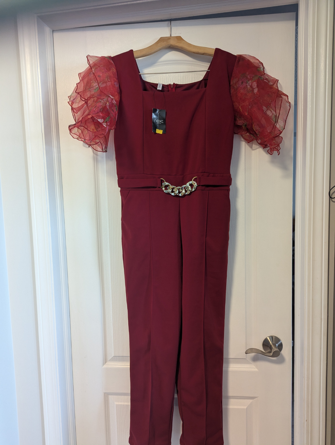 Red pantsuit with floral sleeves