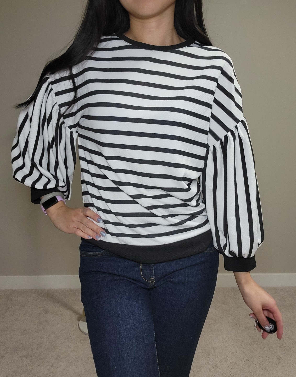 Simons Icone Black and White Striped Puff Sleeve Crop Top