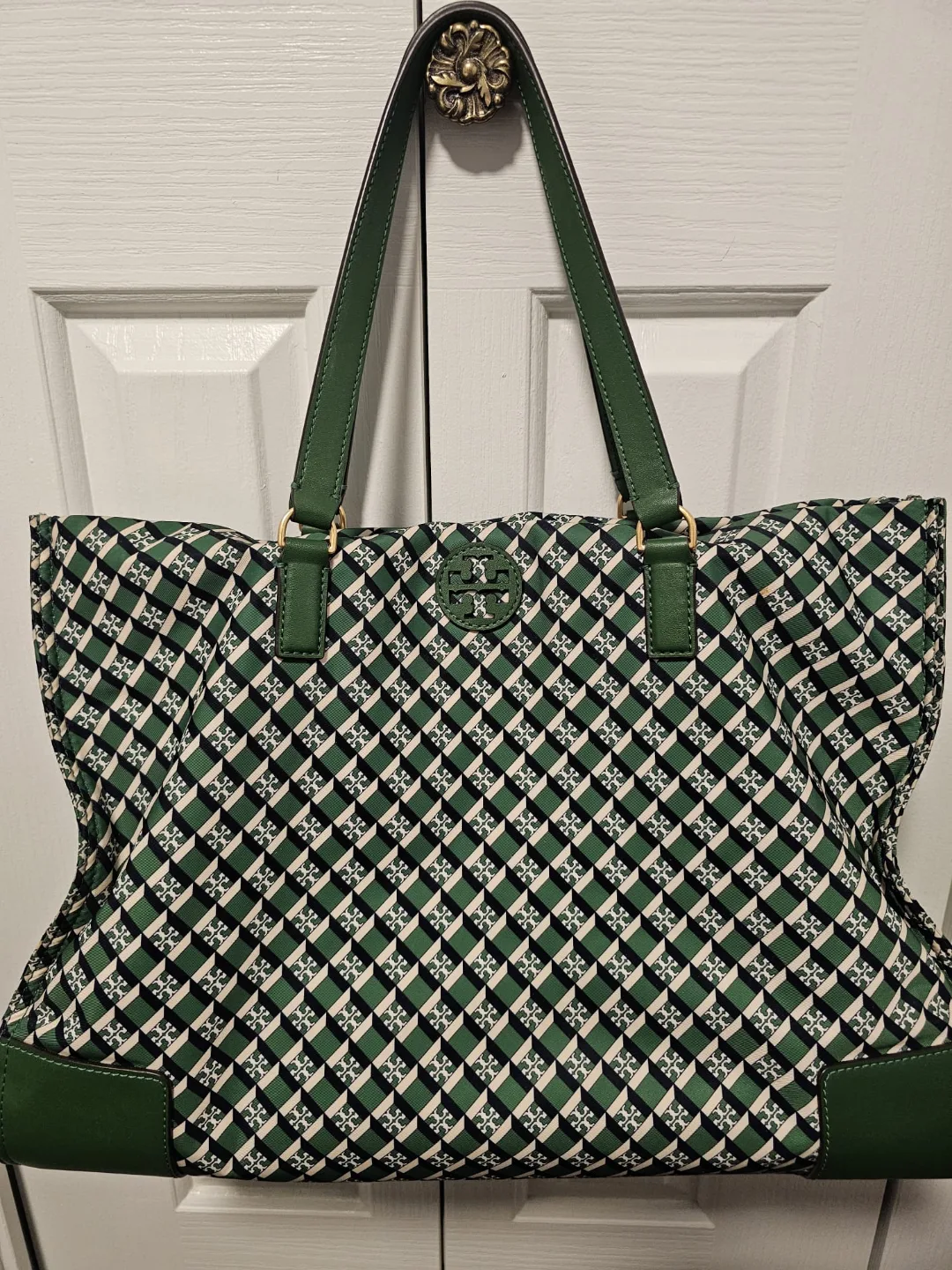 Tory Burch Green Geometric Tote Bag