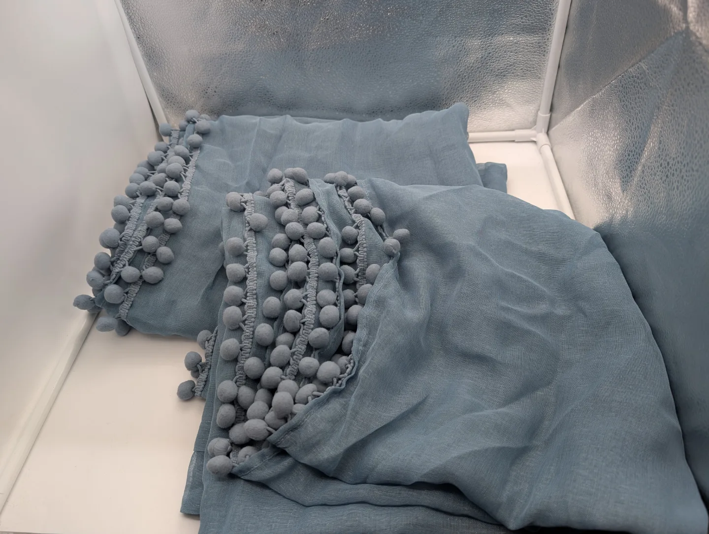 Dusty Blue Pom-Pom Trim Sheer Curtains thumbnail