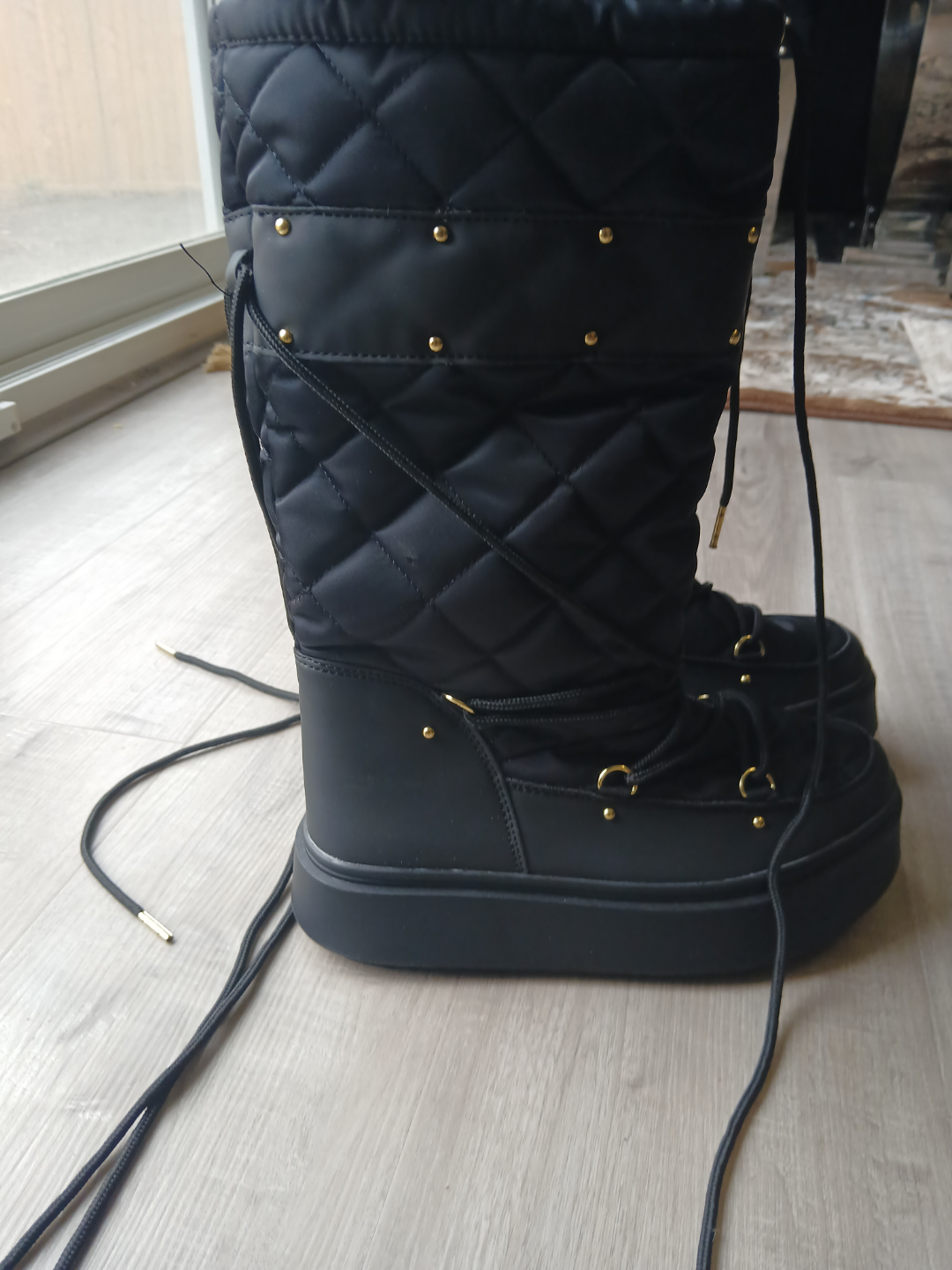 Black Quilted Snow Boots with Gold Accents - photo 2