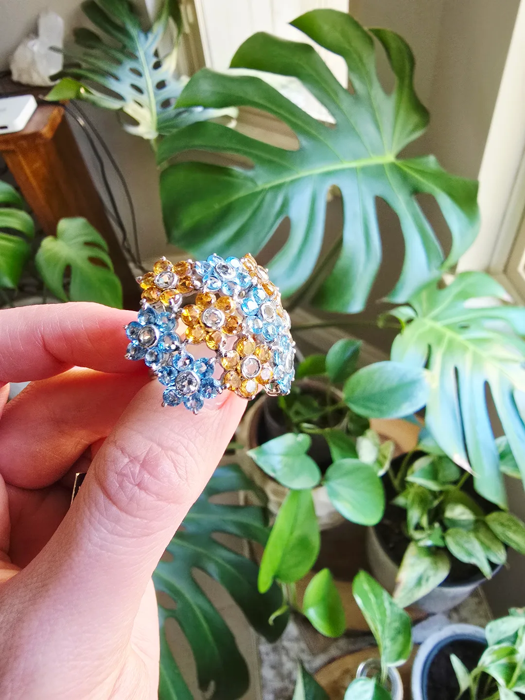 New Blue Topaz & Citrine natural gemstone sterling silver ring thumbnail
