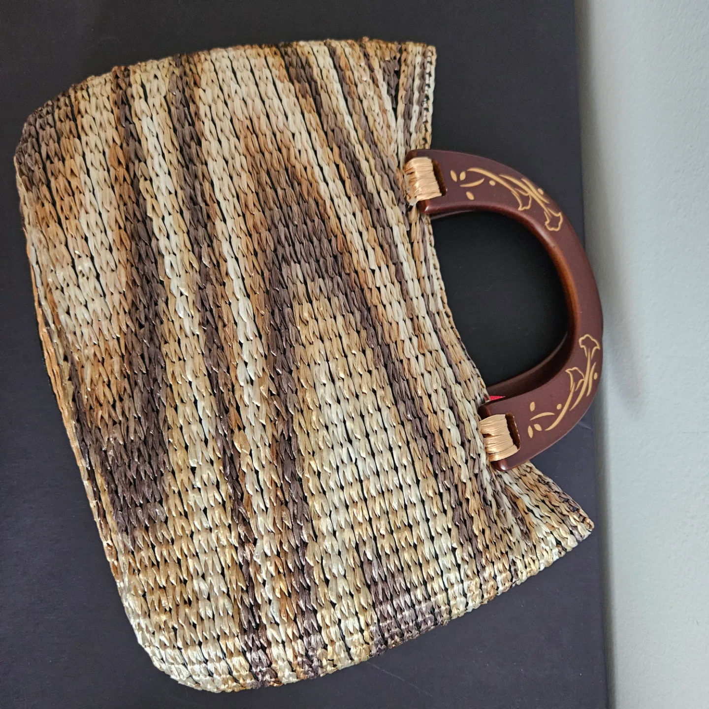 One of a kind - Woven Straw Handbag with Wooden Handle thumbnail