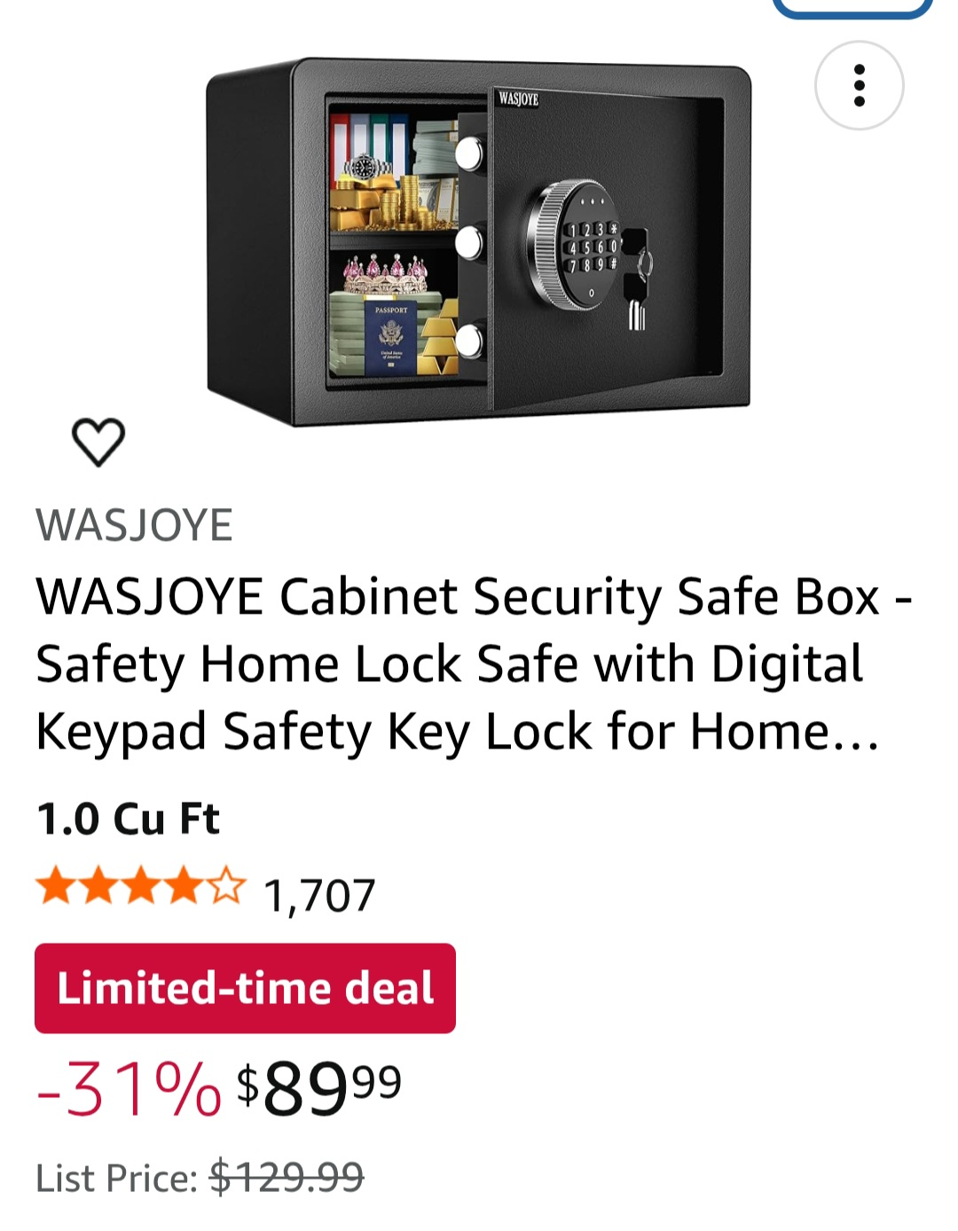 WASJOYE 1.0 Cu Ft Digital Keypad Security Safe - photo 3
