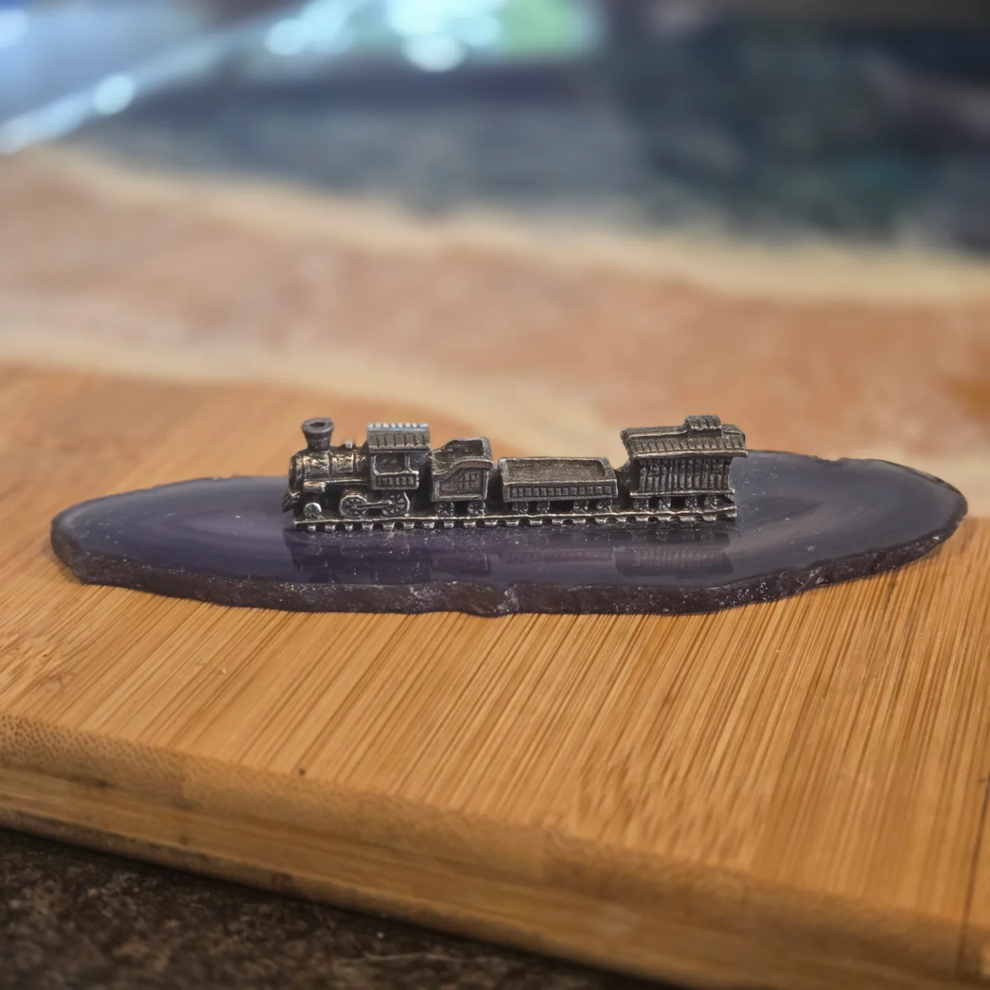 Vintage Pewter Train on Agate Slice thumbnail
