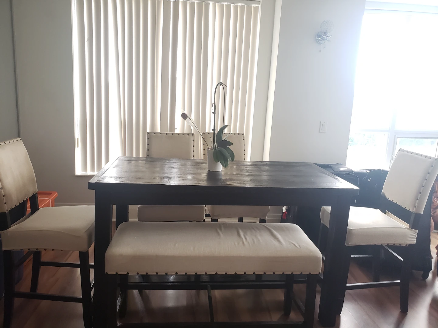 Dining Set with Dark Wood Table and Upholstered Chairs