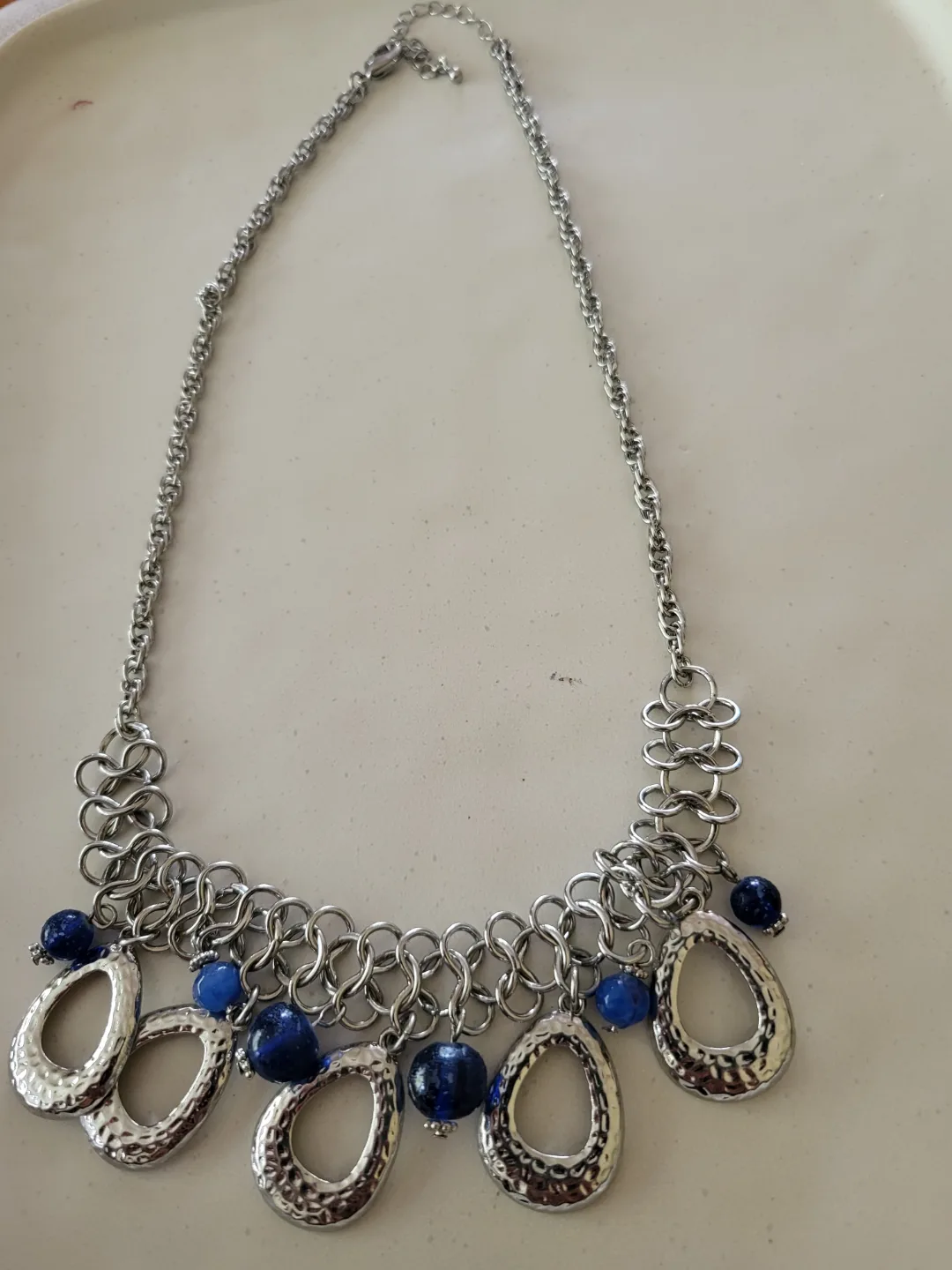 Silver Tone Statement Necklace with Blue Beads thumbnail