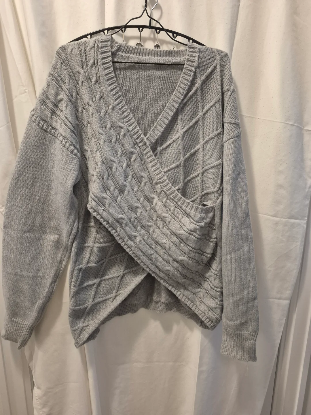 Grey Cable Knit Cross-Over Sweater thumbnail