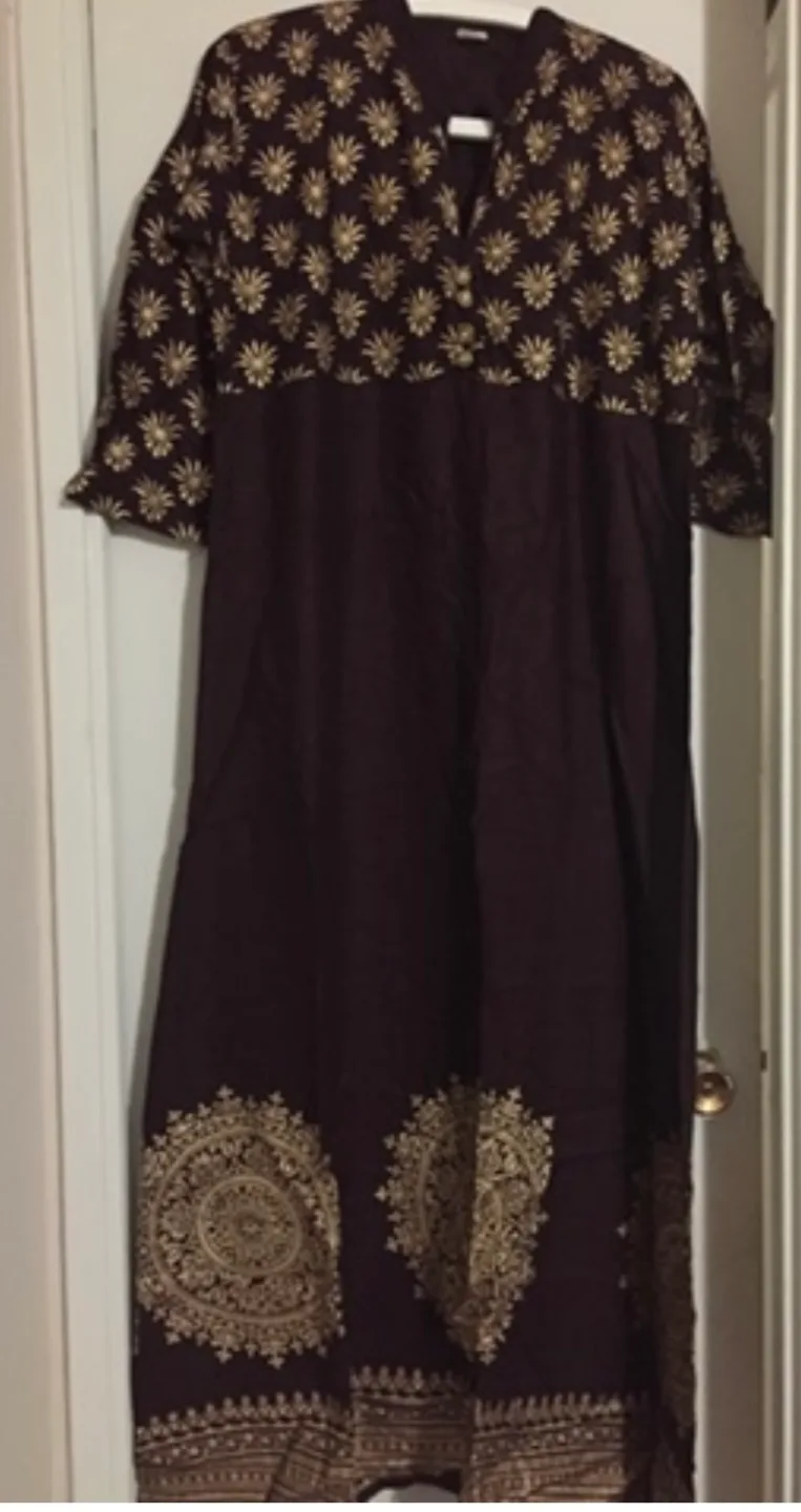 Gorgeous Maroon and Gold Block Print Maxi Dress thumbnail