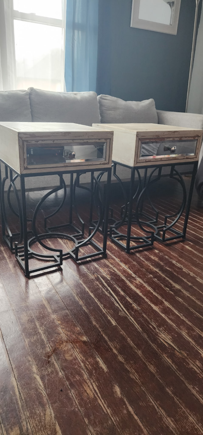 Pair of Beige Wood End Tables with Mirrored Drawers - photo 2