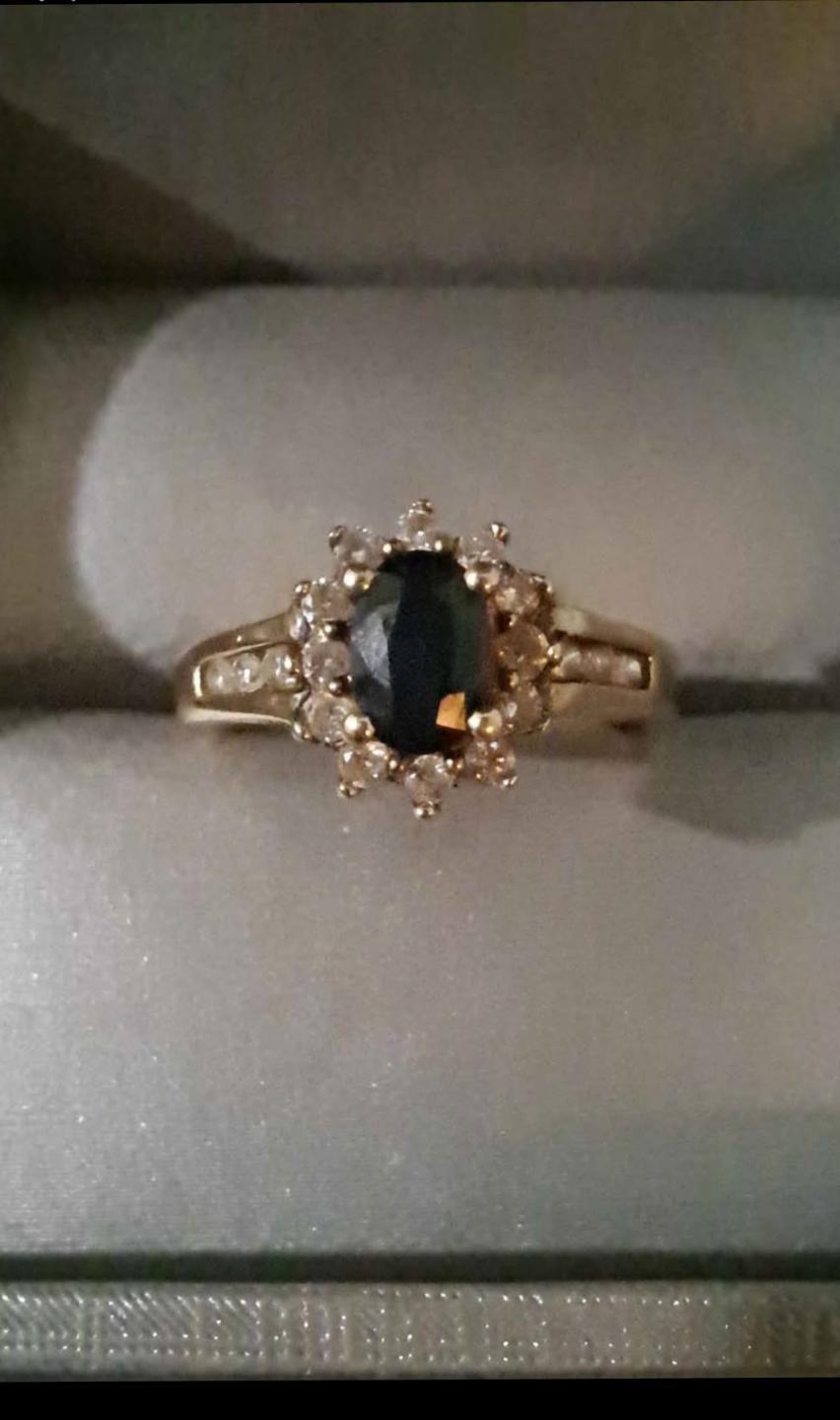 10K Yellow Gold - Diamond Blue Sapphire Ladies Double Halo Ring - photo 3