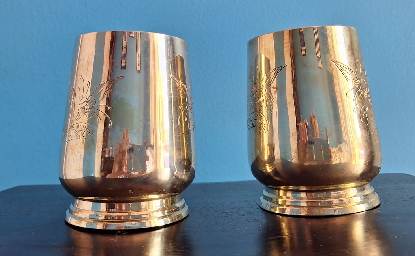 Pair of Vintage Engraved Brass Mugs Cups image indicator(3)