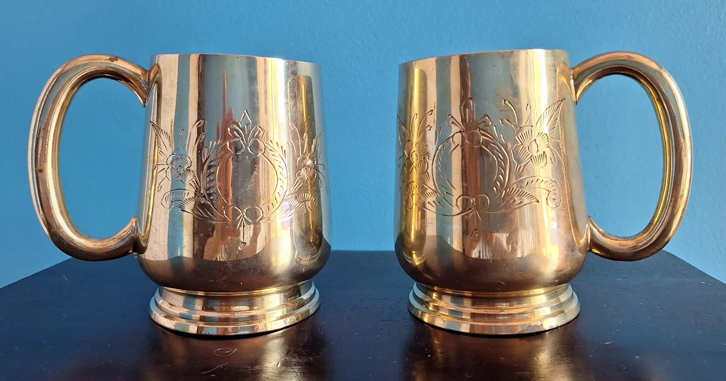 Pair of Vintage Engraved Brass Mugs Cups image indicator(4)