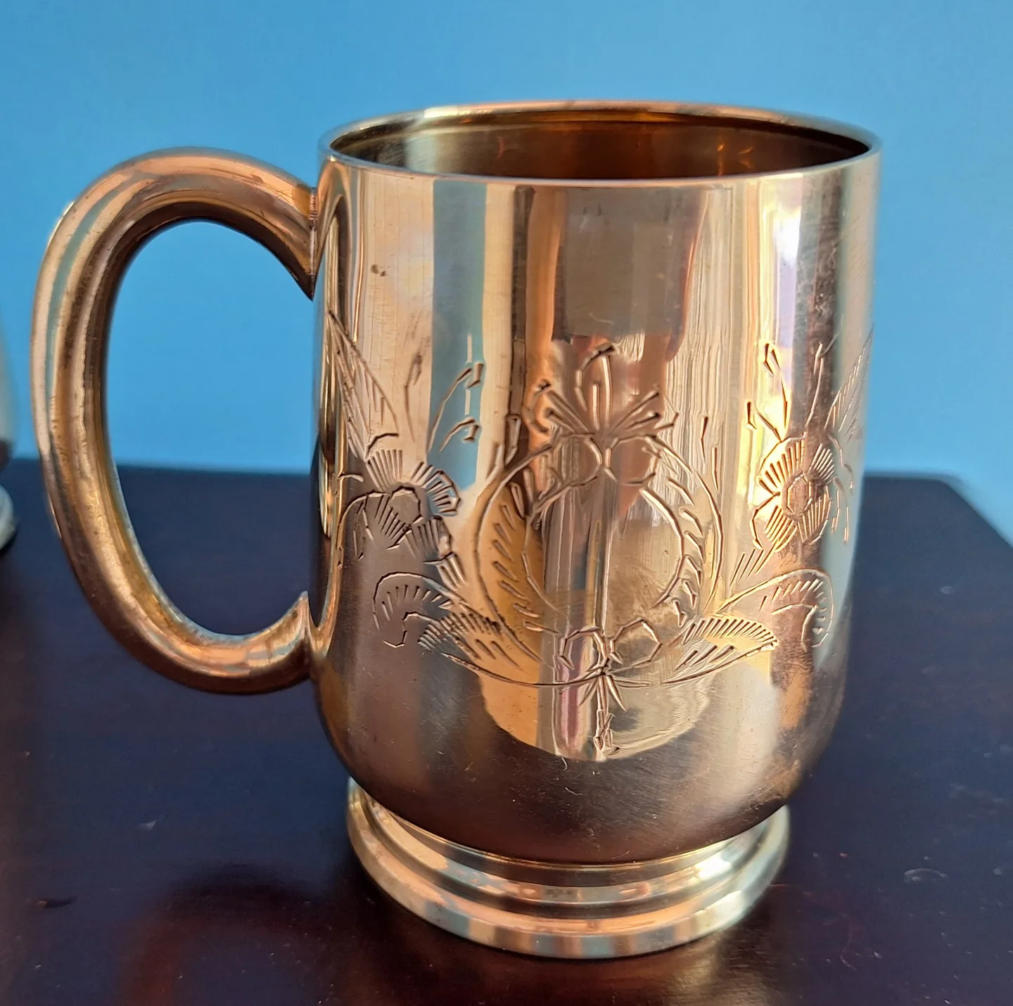 Pair of Vintage Engraved Brass Mugs Cups image indicator(5)